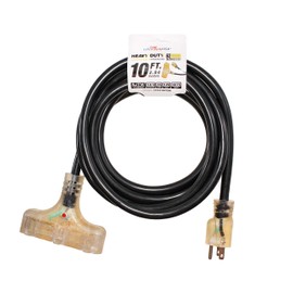 LifeSupplyUSA 12/3 10ft 3-Outlet SJTW 15A 125V 1875W 3 Prong Lighted End Indoor/Outdoor Black Heavy Duty Tri-Source Extension Cord (10 Feet)
