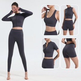 2023 TikTok Hot Yoga Wear Collection: Back Bra, Zipper Turtleneck, Vest, Long & Short Sleeve Yoga Suit Sport Short Sleeve Dark Brown+L 3ea