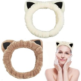 Cute Cat Spa Headband for Washing Face Makeup Skincare - 2Pcs Cat Ears Wash Headband Animal Headbands Soft Coral Fleece Facial Wash Hair Accessories for Women Girls (Beige+ Khaki, One size)