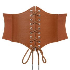 Women's Lace-up Corset Elastic Wide Belt, Tied Waspie Waist Belt for Women by WHIPPY, Brown, Fit Waist 29-31 Inches