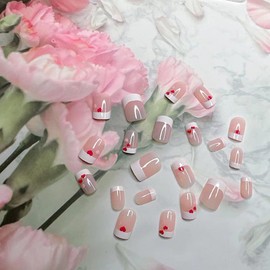 French Tip Press on Nails Short -Nude Pink Heart Press on Nails,Square Shape Fake Nails with Designs Glossy Reusable Stick on Nails in Glue on Nails Cute Short Square Small Heart Nails for Women 24Pcs