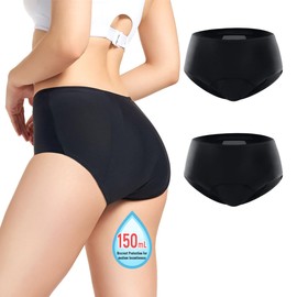 Incontinence Underwear for Women Washable 150ml Super Absorbent Leak Proof Underwear Women’s Incontinence Panties for Women Incontinence Period Postpartum Leakage Protective Briefs Black 2pcs-2XL