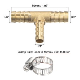 MECCANIXITY Brass Hose Barb Fitting 3/8" x 3/8" x 1/4" OD Tee Pipe Connector with Stainless Steel Hose Clamps 2 Set