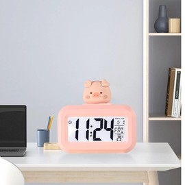 Kids Digital Clock, Desktop Digital Clock Cute Alarm Clock, with LED Screen, Travel Bathroom Desk Smart Clock, for Displaying Calendar, Alarm Clock, and Temperature (Pink Piggy)
