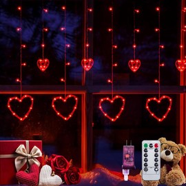 Valentines Day Connectable Red Heart-Shaped 138 LEDs String Lights Plug-in with Remote, 8 Flashing Modes, and Timer Function Decor Decoration Curtain Set Ornaments
