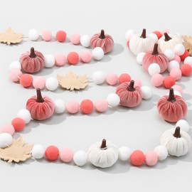 Suncalla 8.2 ft Fall Velvet Pumpkin Garland Fall Felt Garland Thanksgiving Pom Pom Banner Maple Leaf Hanging Banner for Indoor Mantle Wall Fireplace Decor Autumn Harvest Party Favors(Pink)