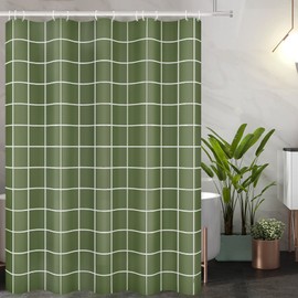 Tititex Net Olive Green Grid Plaid Minimalist Shower Curtain, White Line Simple Modern Shower Curtain Sets Decoration 71x71 Inch with Hooks