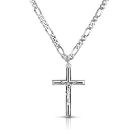 Verona Jewelers Men and Women 24" Stainless Steel 3.8MM Figaro Chain Necklace Crucifix Cross Pendant (Silver Color) (silver)