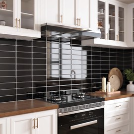 Skyblur 3D Waterproof Peel and Stick Backsplash Black Rectangular Peel and Stick Wall Tile for Bathroom 10-Sheet 12"x12" Marble Tiles Adhesive Glossy Subway Tile Back Splash Stick on Tile for Kitchen