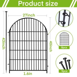 ADAVIN Garden Fence Animal Barrier with Gate 40 in(H)×17.5 Ft(L) 8 Panels,Rustproof Metal Wire Tall Fencing Border for Dogs Rabbits,Outdoor no dig pet Fences,Black Flower Edging for Yard,Arched