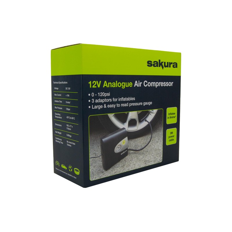 Sakura SS5331 Analogue Air Compressor 12 V For Car, Bicycle