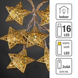 hellum Lichterkette Innen mit Sternen golden, 16 LED Stern beleuchtet warmweiß, 1,50m beleuchtete Länge batteriebetrieben, transparentes Kabel, Weihnachtsbeleuchtung Innen Fenster, 566161