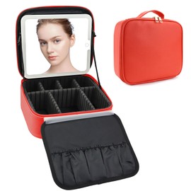 SLUMAZI Travel Makeup Bag with LED Mirror Travel Makeup Organizer with 3 Lighted Settings, Adjustable Dividers and Makeup Brush Storage Bag Red