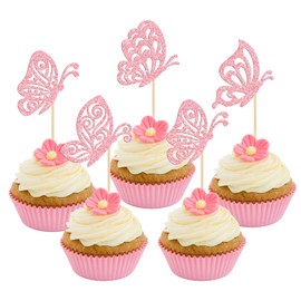 24 piezas de decoración para cupcakes de mariposa con purpurina montada en estilos mixtos de mariposas huecas para cupcakes, decoración de tartas para baby shower, suministros de fiesta de cumpleaños para niños, color rosa