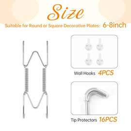 4 Pack Plate Hangers for The Wall, Suitable for 12-16 inch Art Plate, Stainless Steel Invisible Heavy Duty Wire Plate Holder with Wall Hooks, Plate Hangers for Displaying Plates, Platter, Dish, Silver