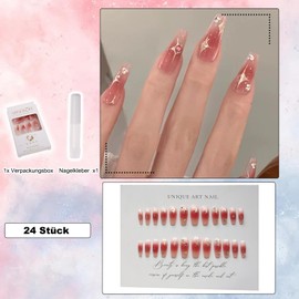 Pack of 24 Pink Diamonds Press On False Nails, French Tip Press On Fake Full Cover Glue On Nails, Bling Glossy Rhinestone False Nail Tips, Artificial Acrylic Fingernails