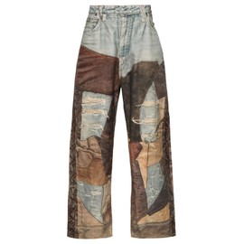 Angsuttc Wide Leg Pants for Women Faux Denim Color Blocked Printed Vintage Wide Leg Print Pant Brown XL