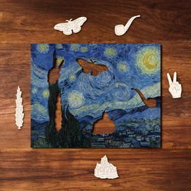Victory Wooden Puzzles – ‘Starry Night’ Miniature Jigsaw Puzzle for Adults - 88 Pieces. Premium Linden Wood Art Jigsaw Puzzle in Metal Storage Tin with Special 'Whimsical' Shaped Pieces.
