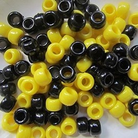 100 x Pony Beads 9x6mm Black and Yellow Mix - Plastic Barrel Craft Beads