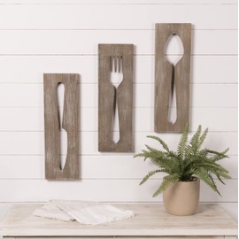Haven Home Decor Set of 3 Oversized Utensils Kitchen Rustic Plank Art, Fork Knife Spoon 18-inches x 18-inches, Natural