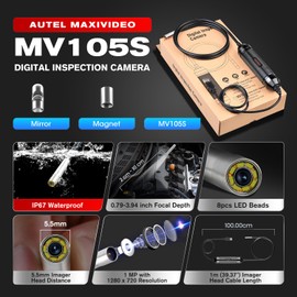 Autel MaxiVideo MV108S Digital Inspection Camera, 2024 Same as MV108S, 1280x720, 5.5mm Ultra-Slim USB Industrial Endoscope, IP67 Borescope Snake Camera, Work w/Autel Scanner & PC, Up of MV105/ MV108