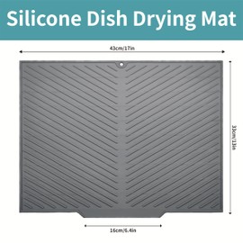 Silicone Dish Drying Mat for Kitchen Counter, Heat-Resistant Drying Pad, Non-Slip Easy Clean Dish Drainer Mat with Built-in Drain for Kitchen Counter, Sink, Refrigerator (17" x 13", Grey)