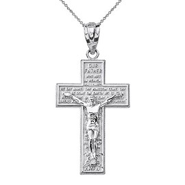 Religious Jewelry Sterling Silver Catholic Cross Crucifix with Lord's Prayer Pendant Necklace, 16"