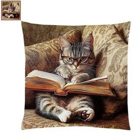 Fanxvivy Stamped Cross Stitch Kits for Adults Beginners Pillow Needlepoint Kit with Embroidery Pattern Needlework Kit Prestamped Stitches Kit 11CT Cross Stitching-Cat Reading 18x18 inch