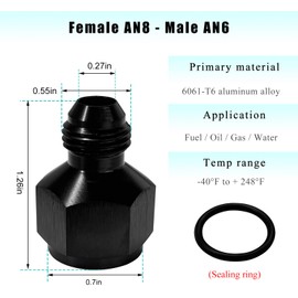 JUSTTOP 2PCS 8AN Female to 6AN Male Flare Reducer Adapter, Aluminum Black Fuel Line Hose Fittings, Flare Thread Extender Adapter Reducing Pipe Hose Connector, Car Accessories