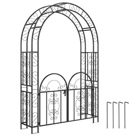 Outsunny 7.4ft Steel Garden Arch with Gate, Garden Arbor Trellis for Climbing Plants, Roses, Vines, Wedding Arch Stand for Outdoor, Garden, Lawn, Backyard, Black