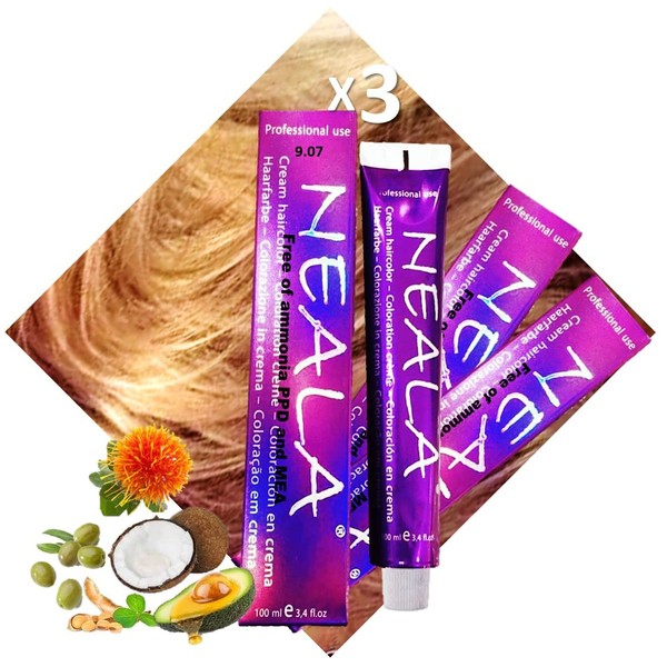 3 hair dyes Neala 9.07 very light blonde honey colour – professional permanent vegan dyes without ammonia, PPD and MEA-free with great shine and coverage – Neala 3 x 100 ml = 300 ml.