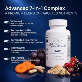 Suplemento fermentado de NAD+ con resveratrol y quercetina, energía celular bio-idéntica y apoyo al envejecimiento saludable, vegano, sin OMG, 30 cáps