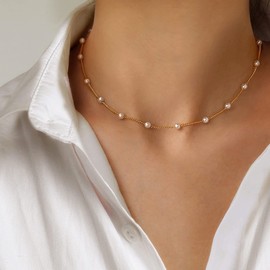 YUNCHONGuk Boho Pearl Choker Necklace Gold Vintage Pearl Necklace Pearl Station Necklace Dainty Wedding Bridal Jewelry Gifts for Women Girls Anniversary Birthday Party Xmas