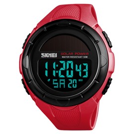 FANMIS Men's Solar Powered Casual Quartz Wrist Watch Analog Digital Multifunctional Black Sports Watch (X Red)