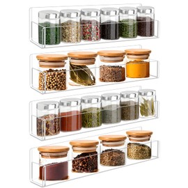 Acrylic Spice Rack Wall Mount-12 Inch, Clear Spice Shelf Storage Holder, 4 Pack Hanging Seasoning Rack Organizer for Cabinet Door, Cupboard or Wall Kitchen (Adhesive or Screw)