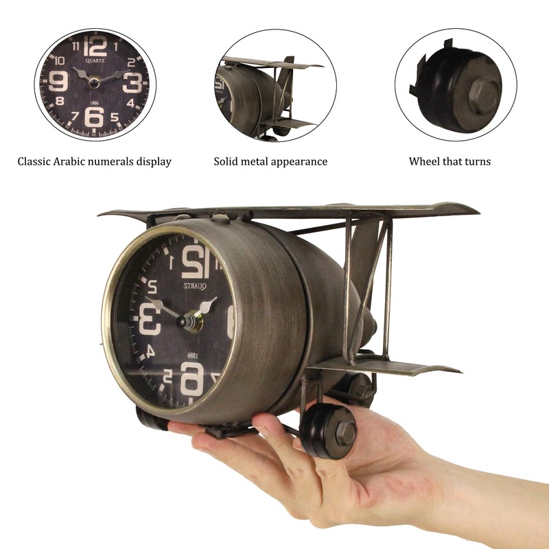 TenFuju Airplane Metal Tabletop Clock Industrial Home Decor Accents for