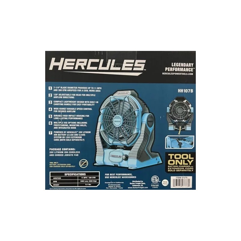 HERCULES 20V/120V Cordless Dual Power Jobsite Fan Shop (Tool Only)