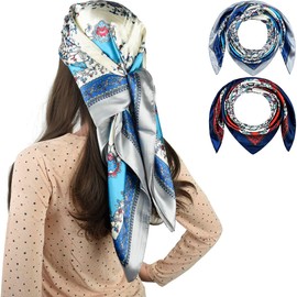 Corciova - Pañuelos cuadrados de 35 x 35 pulgadas para mujeres negras, diadema de seda para dormir por la noche, pañuelo de moda, Floral (Azul + Rojo), L