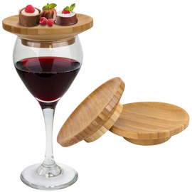 BambooMN Dual Use Bamboo Coasters/Wine Glass Topper, 4" - Vertical Cut - Round - 4 Piece Set