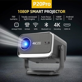 Cacacol P20 Pro Smart Projector with WiFi 6 and Bluetooth, Outdoor Movie Proyector, 1080p Home Ceiling Auto Focus Projector, 700 ANSI Lumen, Built-in Speaker, Amlogic T950S 2GB 16GB, Goolge TV OS