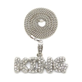 NYFASHION101 Stone Stud Bubble Letter King Pendant with 3mm 24" Cuban Chain Necklace, Silver-Tone