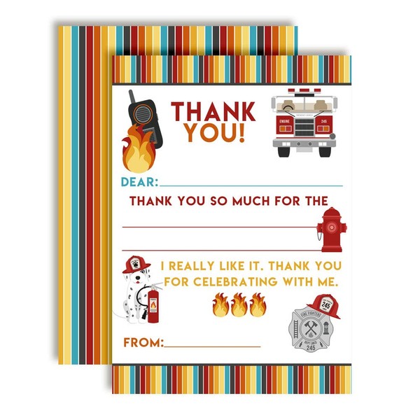 Fire Truck and Fireman Rescue Birthday Thank You Notes for Kids, Ten 4" x 5.5" Fill In The Blank Cards with 10 White Envelopes by AmandaCreation