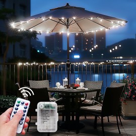 Patio Umbrella Lights Cordless LED Market Table Umbrella Lights with Remote Control Battery Operated Waterproof Parasol String Lights, Fits 6-9 Feet Diameter Outdoor Umbrella Décor (Cold White)