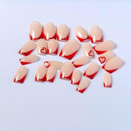 Valentine's Day Press on Nails Short Square WLGDLH Red French Fake Nails Nude Pink False Nails Press ons with Heart Design Glossy Nail Art Tips Full Cover Acrylic Glue on Nails for Women 24 Pcs