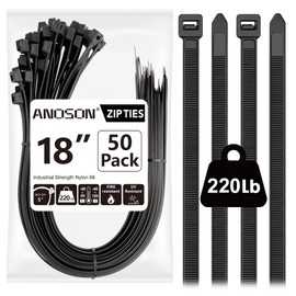 Large Zip Ties 18 inch, 50 Pack, Long Zip Ties Heavy Duty with 220 lb Tensile Strength, Big Cable Ties, Black, ANOSON