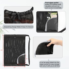 BeeGreen Black Swim Bag Mesh Beach Drawstring Bag Large Pool Bag W 17.7" x L 25.5" Net Bag Gear Gym Snorkel Beach Sport Equipment Lightweight Foldable Washable