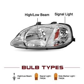 JSBOYAT Headlight Assembly Pair w/Bulbs for 1999 2000 Honda Civic [Halogen Type] OE Style Headlamp Replacement L+R (Chrome Housing with Amber Reflector)