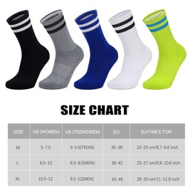 Ultrafun 5 Pairs Striped Crew Socks Cotton Cushioned Athletic Sports Running Socks for Men Women Teens (Medium, Black+White)