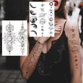 6 Sheets NEZAR Black Outer Space Boys Temporary Tattoos For Kids Child Geometric Planets 3D Star Moon Bracelet Waterproof Forearm Small Face Hands Fake Tattoos Temporary Mountain Line Art Tatoos Girls