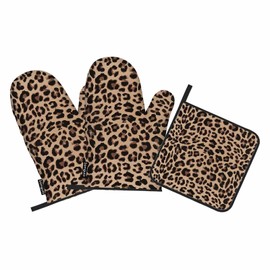 Samgula Leopard Print Oven Mitts and Pot Holders Sets Animal Skin Texture Brown Oven Mitt Heat Resistant 3pcs for Cooking Baking BBQ
